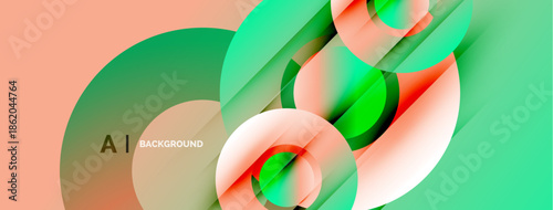 Abstract design features overlapping circles, lines. Peach, green hues create modern visual effect. Smooth gradients enhance depth.