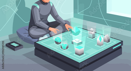 Interactive technology concept with futuristic person manipulating holographic objects in a