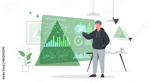 Man analyzing energy consumption data displayed on dashboard for sustainable future