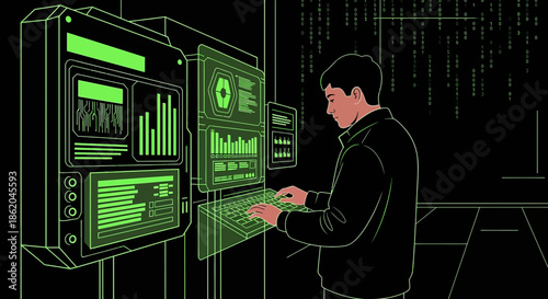 Man coding in futuristic neon interface with data streams and complex calculations in a digital