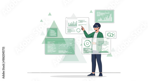 Man interacting with data through virtual reality, enhancing data analysis capabilities and