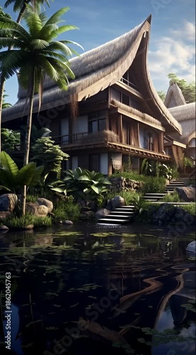 Tropical House with Palm Trees by Water.