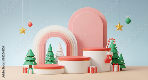 Wallpaper Mural Festive pink and white display stands surrounded by cute Christmas trees and presents for holidays Torontodigital.ca