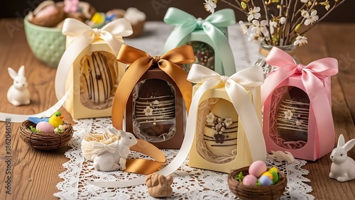 Handmade chocolate Easter eggs, colorful packaging, decorative ribbons, themed table setting, soft lighting, detailed photography, gourmet style.