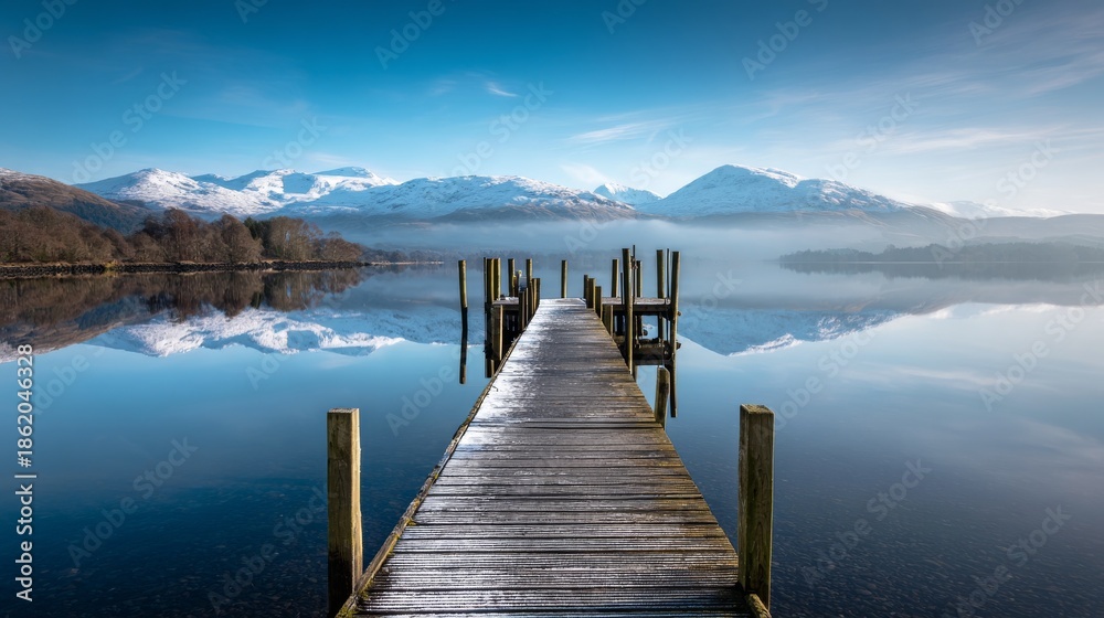 Obraz premium Winter lake with snow covered jetty on still water at Loch Lomond, perfect reflection of mountains, mist and blue sky, calm landscape of quiet nature, serenity and peaceful outdoor atmosphere.