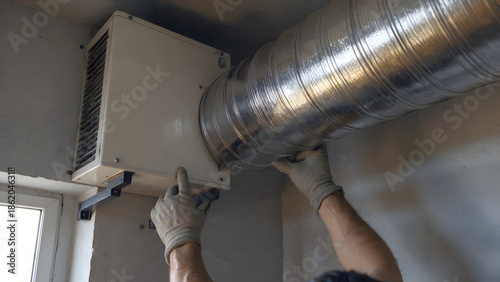 Detailed Residential HVAC Duct Connection Work Showing Proper Sealing and Insulation Techniques