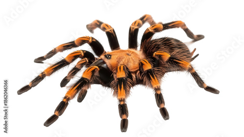 Mexican red knee tarantula isolated PNG, a large spider with orange and black markings on its legs and body, arachnid pet