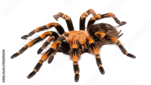 Fototapeta Mexican red knee tarantula isolated PNG, a large spider with orange and black markings on its legs and body, arachnid pet