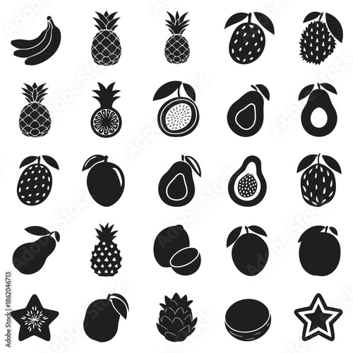 Black and white fruit icons on white background vector