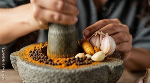 Woman Grinding Spices in Mortar and Pestle.