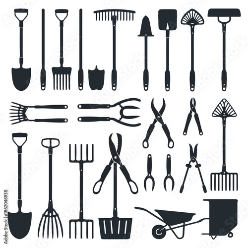 collection of various gardening tools and equipment in black silhouette on white background high quality professional