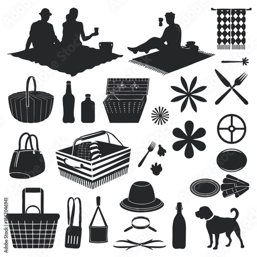 Black and white picnic icons set with people, food, and utensils on white background vector