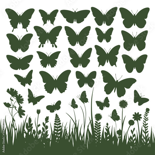 Collection of green butterfly silhouettes flying over grass and flowers on white background vector