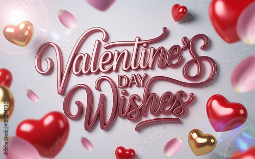 Valentines day wishes with hearts and petals on gray background