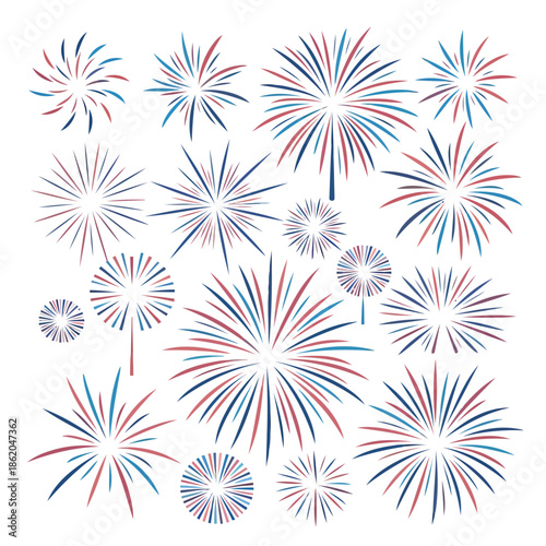 Collection of red, white, and blue fireworks illustrations on white background vector