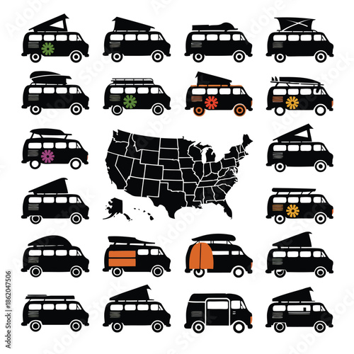 Vector graphics of vans with surfboards on a white background with a map of the United States