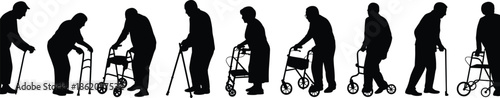 Elderly people silhouette set walking with canes and walkers, aging stages concept, senior mobility assistance, healthcare rehabilitation vector illustration