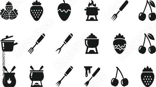 Chocolate Fondue and Fruit Icons Collection Featuring Strawberries, Cherries, Pots, Forks, and Dessert Cooking Symbols in Black Vector Style