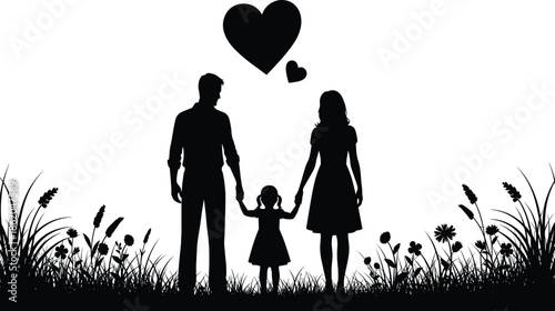 Happy Family Silhouette Holding Hands with Child Under Heart Symbols, Love and Parenthood Concept in Nature Grass Black Vector Illustration