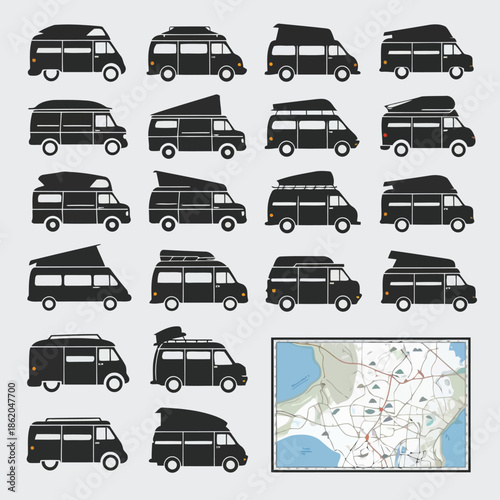 Collection of black camper van icons with various roof configurations and a map vector