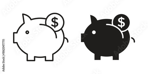 Piggy bank icons vector. Line and glyph design with editable stroke