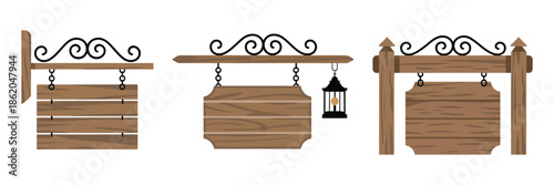 Rustic Outdoor Hanging Wood Sign, Attached to Brick Wall With Antique Iron Scroll Bracket, Vintage Store or Cafe Signage Illustration.