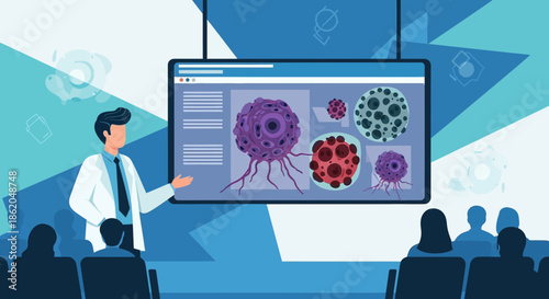 Medical presentation on cancer research, showcasing complex cellular structures to an audience for