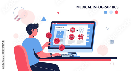 Medical professional analyzing blood cell data on a desktop computer screen graphic