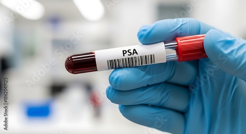 Medical professional holding page blood test tube for prostate cancer screening