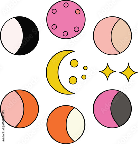 Moon phase icon set with grain shadows