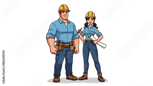 Two construction workers standing together in a professional setting, wearing hard hats and holding tools.