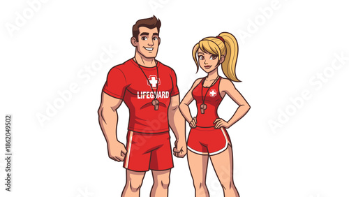 Cartoon Couple in Red Outfits Standing Together