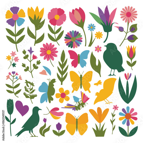 Colorful illustration of various flowers butterflies and birds on a white background with vibrant floral patterns