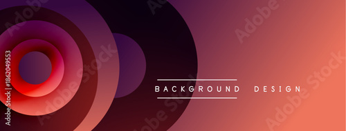 Abstract gradient layers create dynamic visual effect. Circles overlap, forming modern background design. Red, purple hues dominate composition.