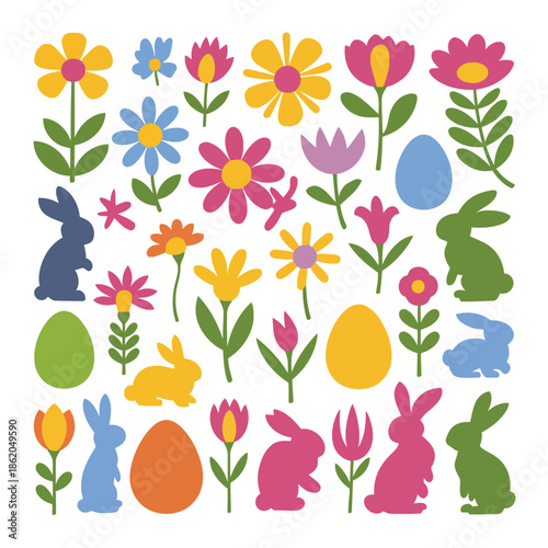 Colorful Easter-themed illustrations of rabbits, flowers, and eggs on white background vector