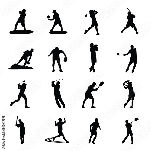 Collection of sports silhouettes with various athletes in action on white background vector