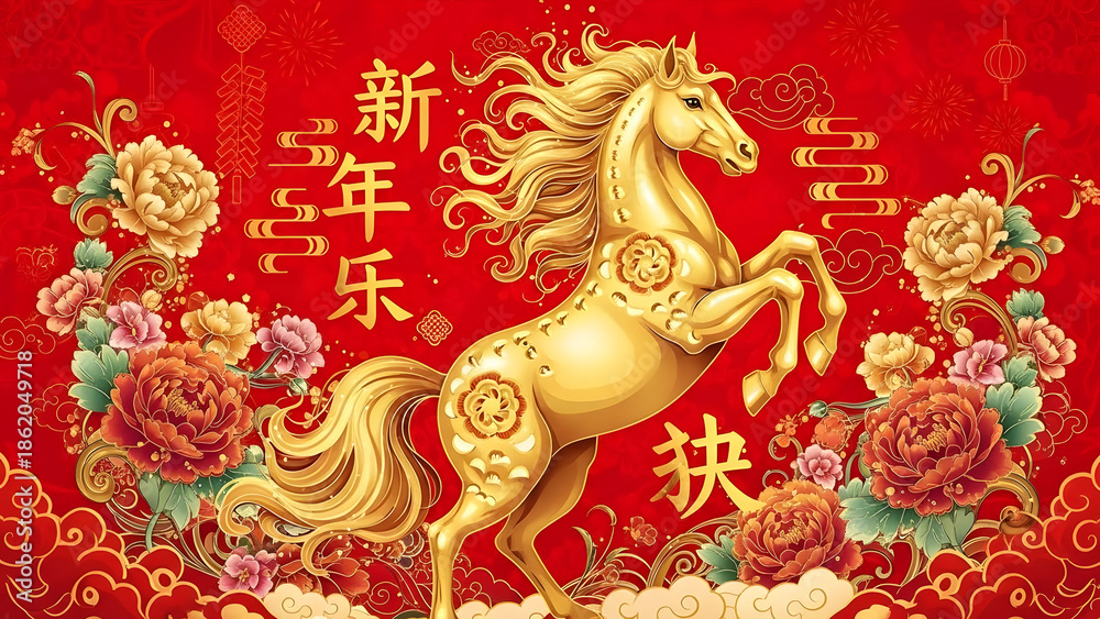 Fototapeta premium A vibrant red and gold Chinese New Year illustration featuring a majestic rearing golden horse, surrounded by traditional peonies and auspicious clouds.