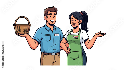 A man and woman in aprons standing together, with the man holding a basket, in a gardening or shopping context