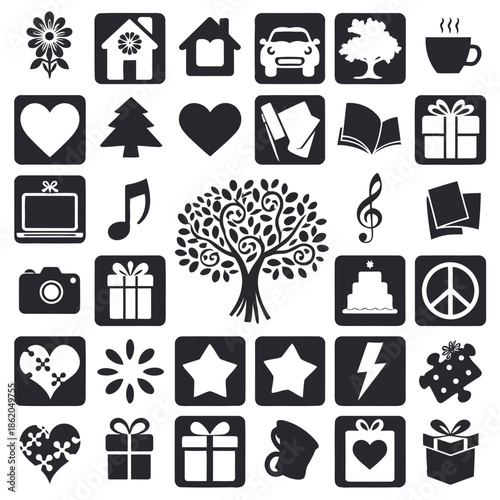 Collection of black and white icons on white background vector