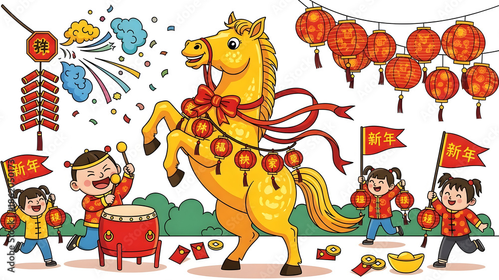 Naklejka premium Vibrant Chinese New Year celebration with a golden horse, children, lanterns, and firecrackers.