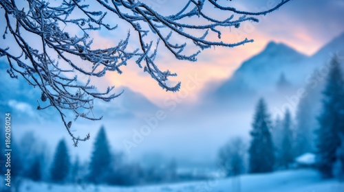 Winter landscape with snow covered mountains in fog, gentle sunlight creating ethereal glow over evergreen trees, with ice crystal branch in foreground, pastel colors evoking serene calm  tranquility.