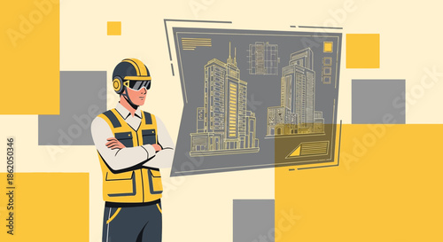 Modern architect reviewing building construction plans for urban infrastructure project success