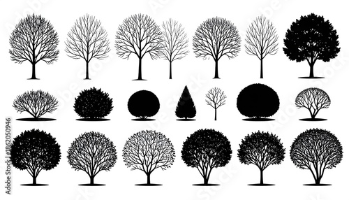 Diverse Collection of Black and White Tree and Bush Silhouettes.