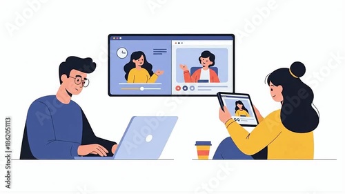 Diverse individuals engaging in online communication via video calls on laptops and tablets, highlighting remote collaboration and digital connectivity Online Education / E-Learning