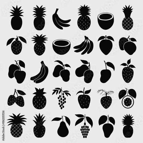 Collection of black fruit icons on light gray background vector