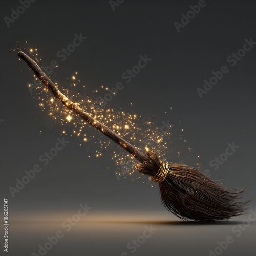 Magical witch s broomstick with sparkling enchanted dust