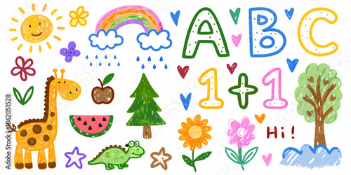 Child s colorful drawing featuring letters animals nature and cheerful elements