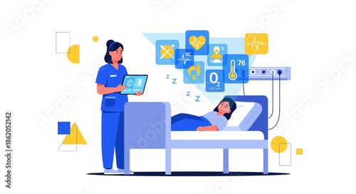 Nurse monitoring patient vitals with digital health technology in a hospital setting illustration