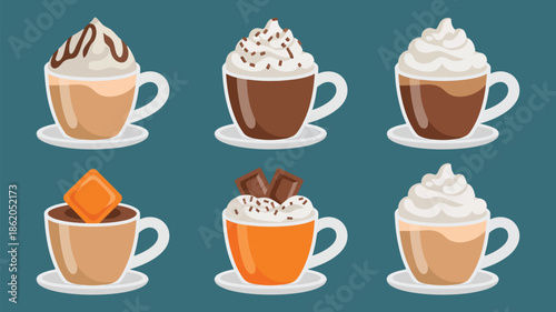 Coffee Drinks, Six Different Types in Glass Mugs With Whipped Cream, Foam, Chocolate, and Various Toppings, Isolated on White Background for Cafe and Menu Design.
