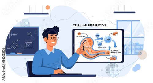 Online science class teaching cellular respiration using digital illustration concept